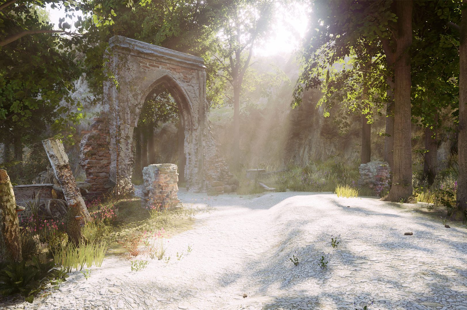 Sunlight shining on an arch in a forest - Primescape fantasy RPG
